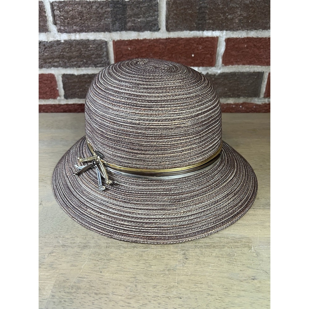 Scala Collezione Sun Hat‎ Womens One Size Brown Downslopping Brim Metallic Bands